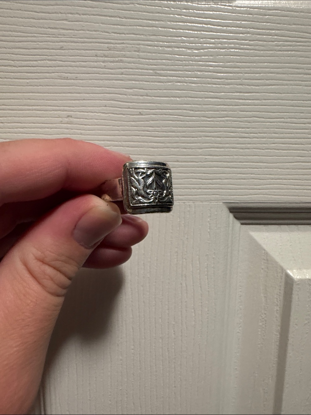 Sterling Silver Floral Square Signet Ring - Silver